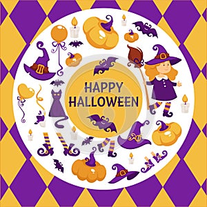 Halloween background poster. Vector circle shape frame with pumpkin