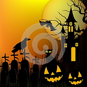 Halloween background with pumpkin, black cat and haunted house for Halloween party. Vector illustration