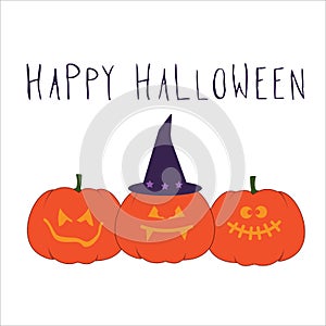 Halloween background, pumpkin with hat. Greeting card happy halloween. Autumn october holidays. Hand lettering vector illustration