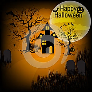 Halloween background with pumpkin, haunted house and full moon. for Halloween party. Vector illustration