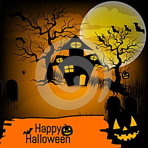 Halloween background with pumpkin, haunted house and full moon. for Halloween party. Vector illustration