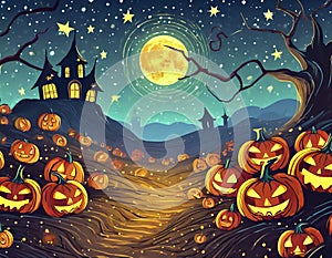 a Halloween  background with a pumpkin patch bathed in the glow of jack-o'-lanterns and a starry night sky