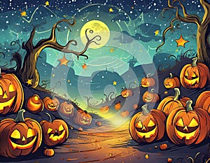 a Halloween  background with a pumpkin patch bathed in the glow of jack-o'-lanterns and a starry night sky