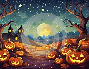 a Halloween  background with a pumpkin patch bathed in the glow of jack-o'-lanterns and a starry night sky