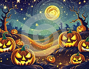 a Halloween  background with a pumpkin patch bathed in the glow of jack-o'-lanterns and a starry night sky