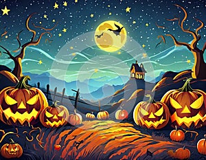 a Halloween  background with a pumpkin patch bathed in the glow of jack-o'-lanterns and a starry night sky