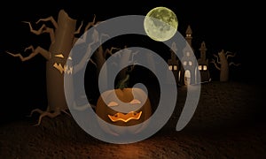 Halloween background with Pumpkin spooky tree and castle in dark background.