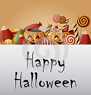 Halloween background pumpkins basket and collected candy