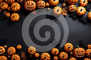 Halloween background with pumpkins, bats and autumn leaves on black background Ai generative