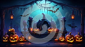 Halloween background with pumpkins, bats and witch\'s house. Vector illustration.