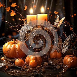 Halloween background with pumpkins, butterflies and candles. Beautiful holiday backdrop in orange tones. Generative AI