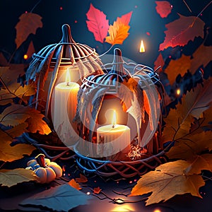 Halloween background with pumpkins, candles and autumn leaves. Vector illustration Generative AI