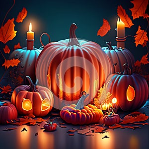 Halloween background with pumpkins, candles and autumn leaves. Vector illustration generative AI