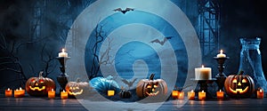 Halloween background with pumpkins, candles and bats. 3D rendering