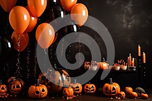 Halloween background with pumpkins, candles and confetti on dark background