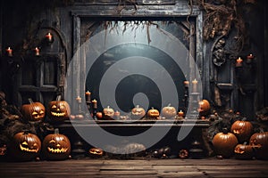 Halloween background with pumpkins, candles and decorations on wooden table