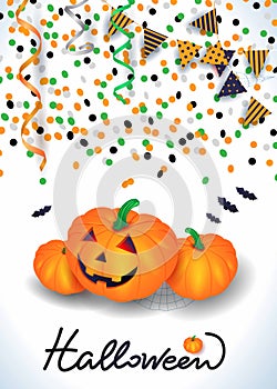 Halloween background with pumpkins, confetti, streamers