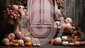 Halloween background with pumpkins,flowers and old wooden door