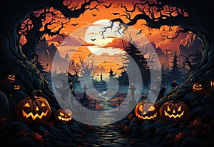 Halloween background with pumpkins in the forest
