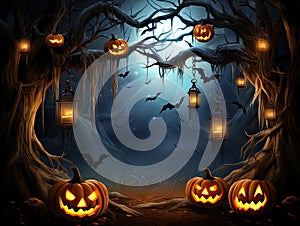 Halloween background with pumpkins, lanterns hanging from trees and flying bats