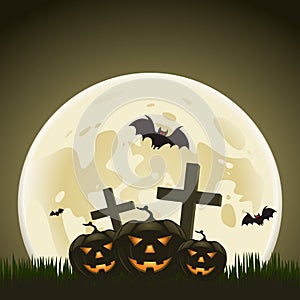 Halloween background with pumpkins and moon in the back