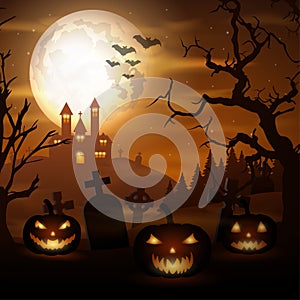 Halloween background with pumpkins and scary church on graveyard
