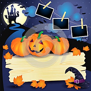 Halloween background with pumpkins, sign and photo frames