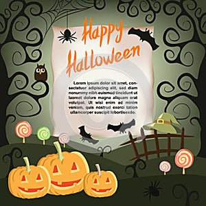 Halloween background with pumpkins, spiders, bats, witch hat and candy.