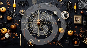 Halloween background with pumpkins spiderwebs skeletons, and spiders on a black background, AI generated