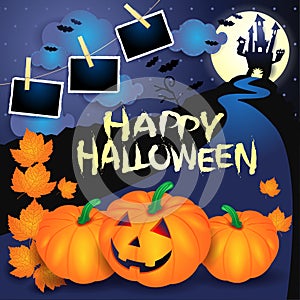 Halloween background with pumpkins, text and photo frames