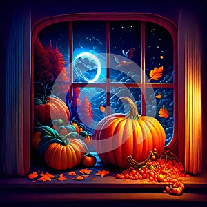 Halloween background with pumpkins on the windowsill and night sky Generative AI