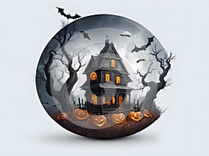 Halloween background with pumpkins and witch house. Vector illustration.