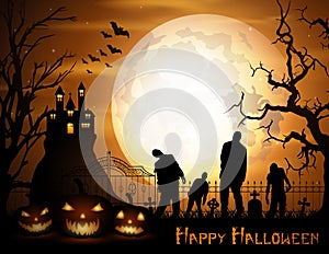 Halloween background with pumpkins, zombie, and scary church on graveyard