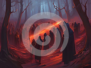 halloween background with scary forest and spooky trees. illustration, Ai Generated