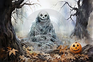 Halloween background. Scary ghost in the forest with pumpkins AI generated Generative AI