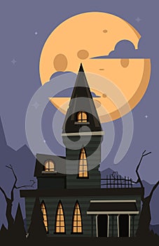 Halloween background. Scary horror castle moonlight night landscape in dark village with gothic mystery gothic house