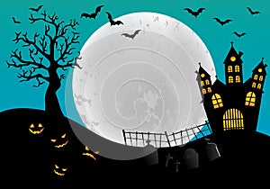 Halloween background. Scary house, cemetery and bats