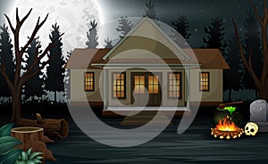 Halloween background with scary house and full moon in the night