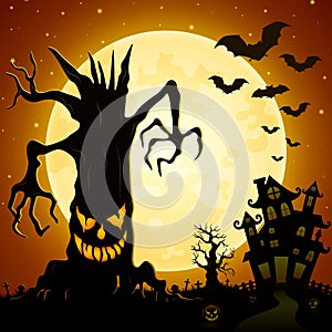 Halloween background. Scary monsters trees on cemetery with castle and full moon