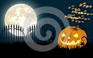 Halloween background with a scary pumpkin on the cemetery in the dark night with full moon