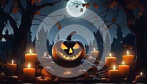 Halloween background with scary pumpkins candles behind castle, AI generated.
