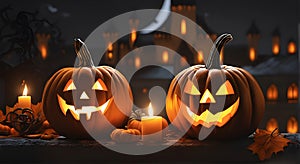 Two Halloween scary pumpkins with candles in the graveyard of castle, AI generated.