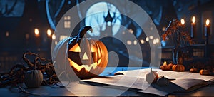 Halloween with scary pumpkins candles at night with a castle background, Ai generated image.