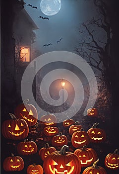 Halloween background, scary pumpkins in creepy night vertical backdrop.