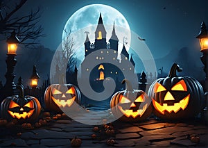 Halloween background with scary pumpkins in the graveyard, castle in background, AI generated.