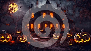 Halloween background with scary pumpkins and haunted house. 3d rendering