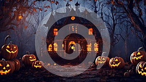 Halloween background with scary pumpkins and haunted house. 3d rendering