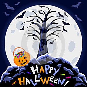 Halloween background. Scary tree, big moon and halloween pumpkin