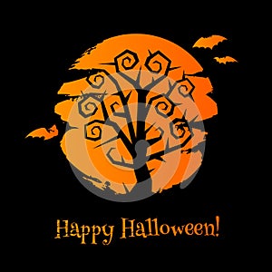 Halloween background with scary tree, moon and bats.