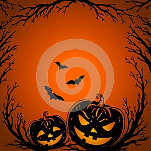 Halloween background. Scary tree twigs, bats and pumpkin lanterns